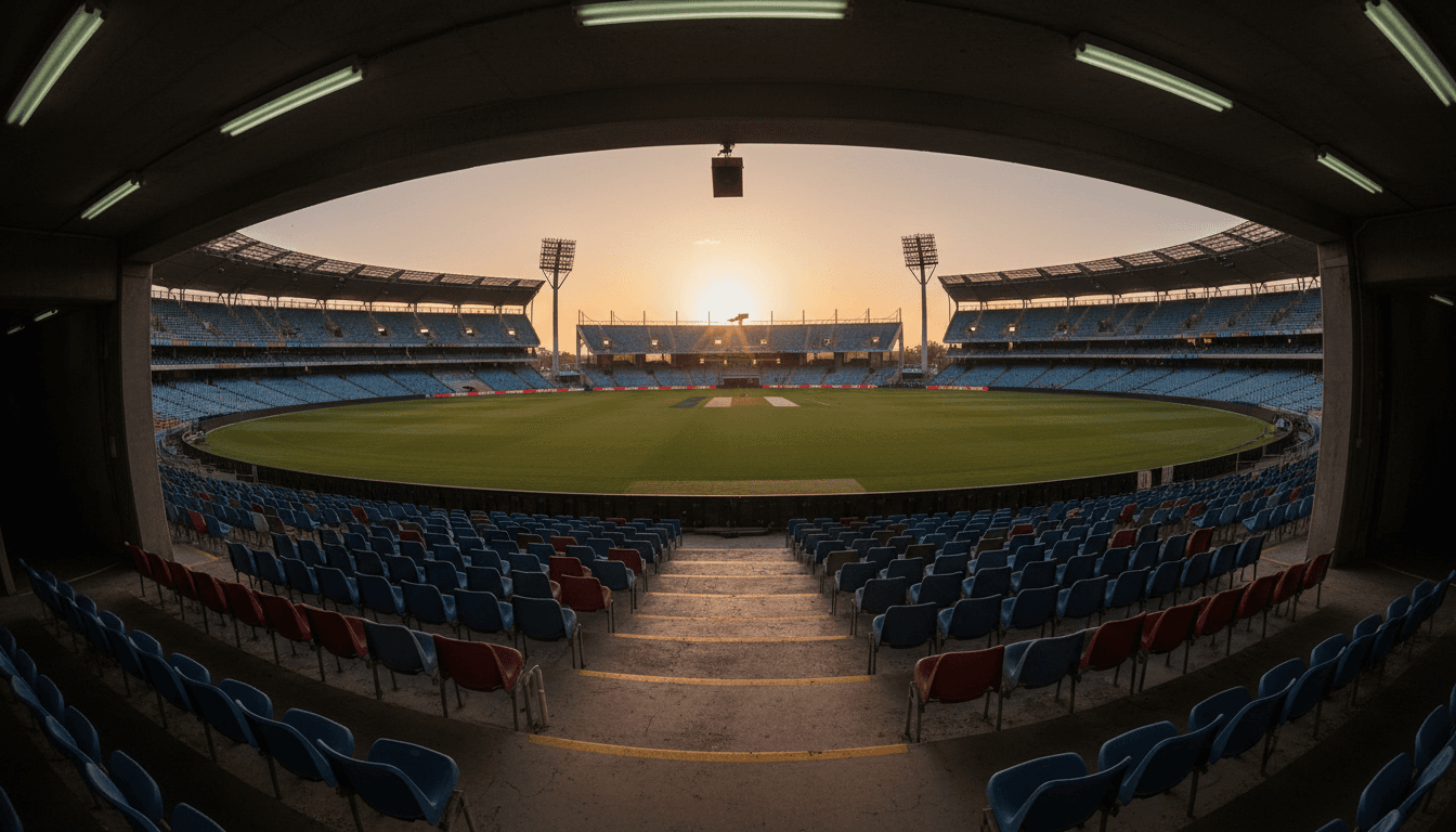 An empty, expansive cricket stadium bathed in the golden light of a setting sun, its vast green field awaiting the energy of a match, subtly conveying the immense financial value and potential encapsulated by the RCB deal valuation.