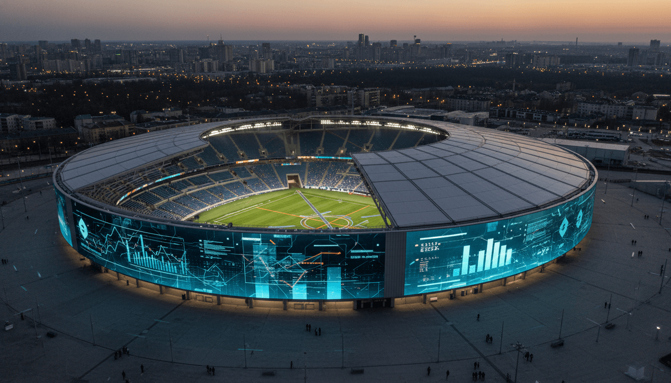 An aerial perspective of a modern sports stadium at night, with illuminated digital billboards displaying dynamic, AI-generated content and ChatGPT ads revenue figures subtly integrated into the visual design, emphasizing technological integration.