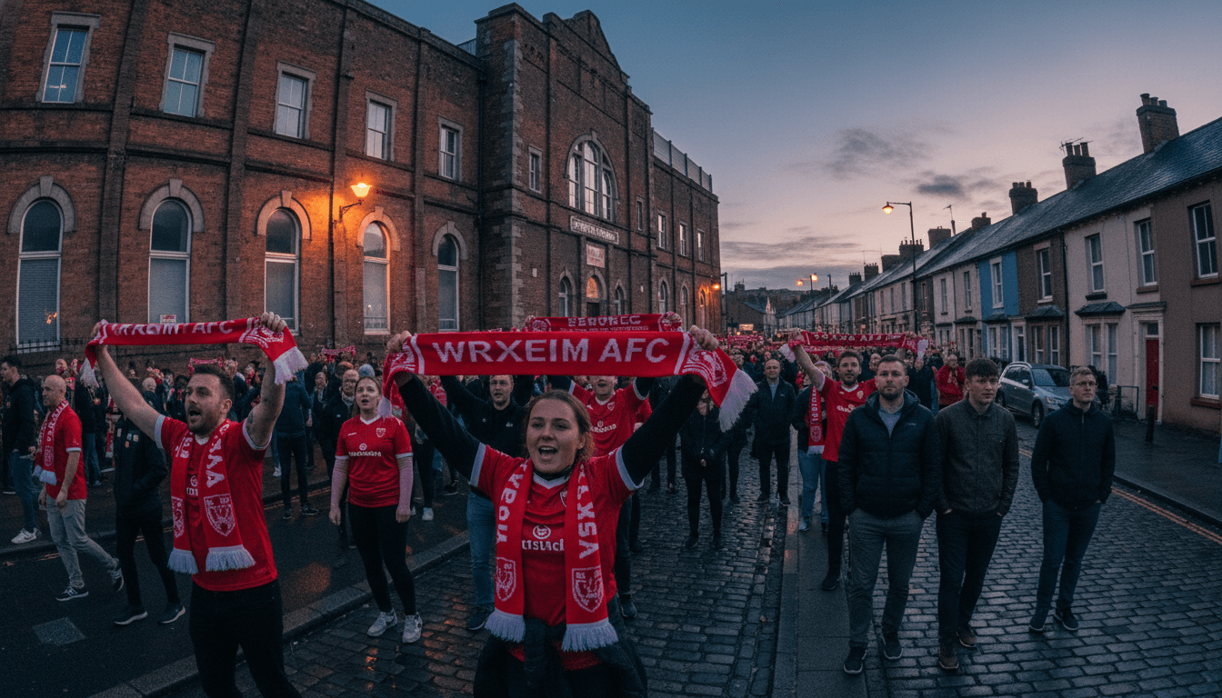 A bustling scene outside the Wrexham Racecourse Ground, with fans wearing Wrexham jerseys and scarves, eagerly anticipating a Wrexham Premier League promotion match.