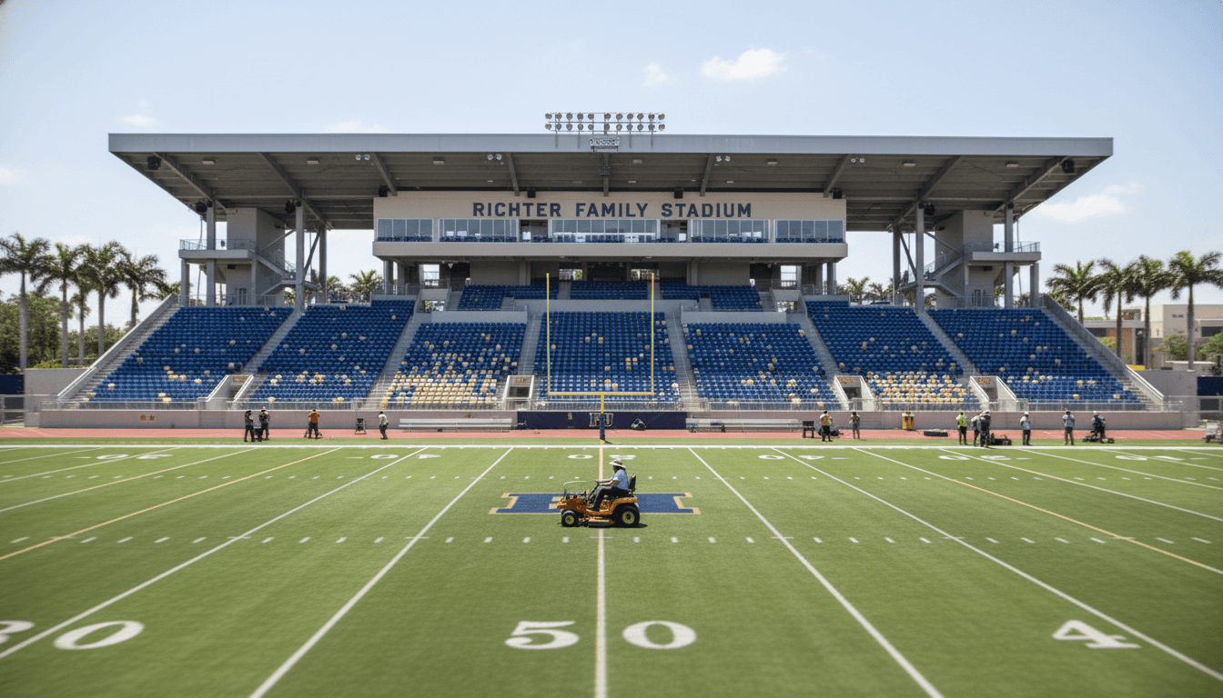 A wide shot of the FIU stadium with its naming rights signage prominently displayed, under a clear Miami sky, with the football field visible. This represents the FIU stadium naming rights default.