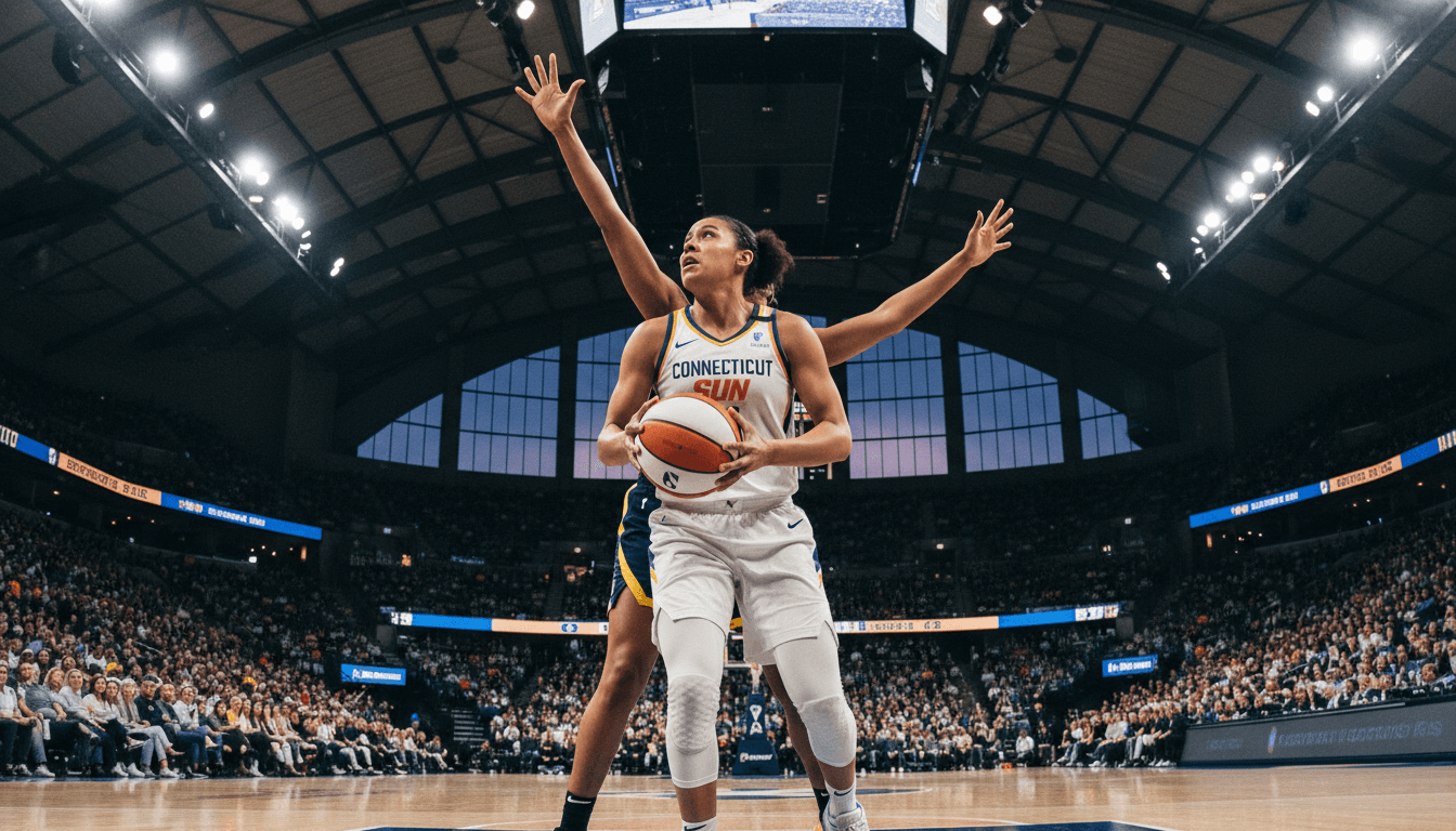 A WNBA player in a Connecticut Sun uniform driving to the basket during a game, with the opposing team's defender attempting to block, highlighting the action of the landmark Connecticut Sun sale.