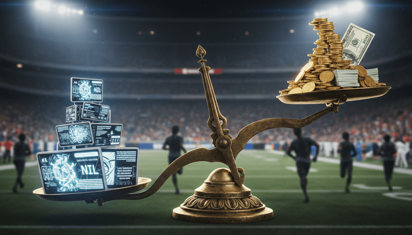 A conceptual image representing the dramatic college sports reckoning, showing a weighing scale with NIL contracts and transfer portal icons on one side and a large stack of money on the other, teetering precariously.