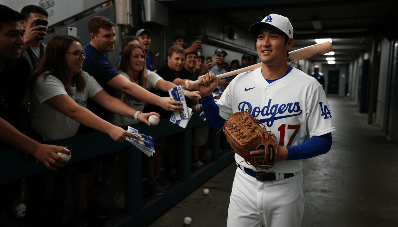 A candid, street-level shot of Shohei Ohtani in a Los Angeles Dodgers uniform, walking through a stadium tunnel, with the Blockbuster Ohtani Net Worth implications evident in his global appeal.