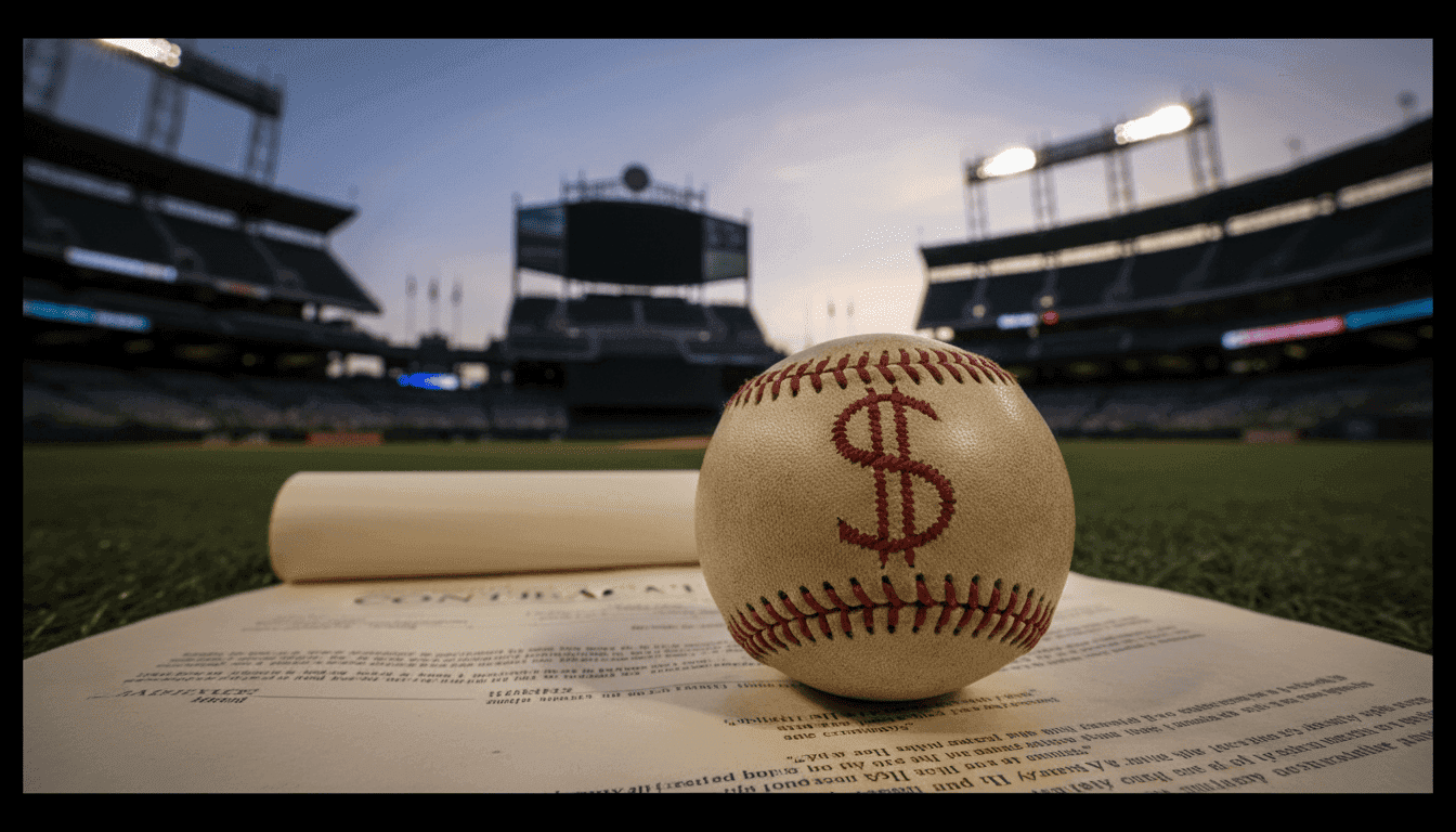 A conceptual image illustrating the financial weight of a Colt Emerson contract, with intertwining baseball seams forming a dollar sign.
