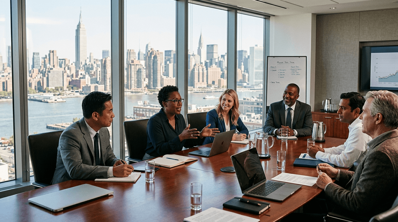 Executives discussing the strategic details of the Paramount merger in a modern office.