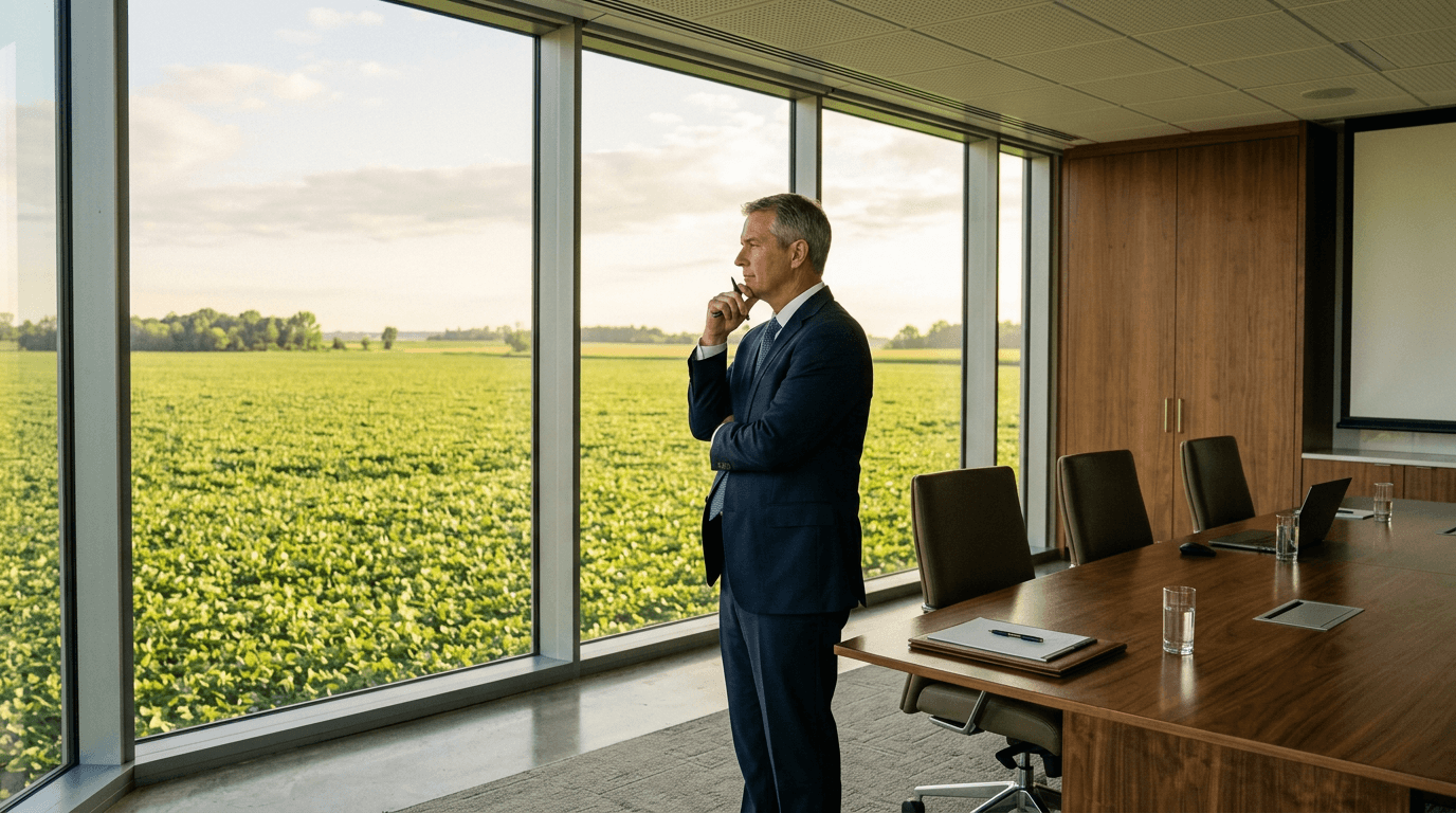 An executive reviewing the record Três Tentos profit reports in a modern glass office