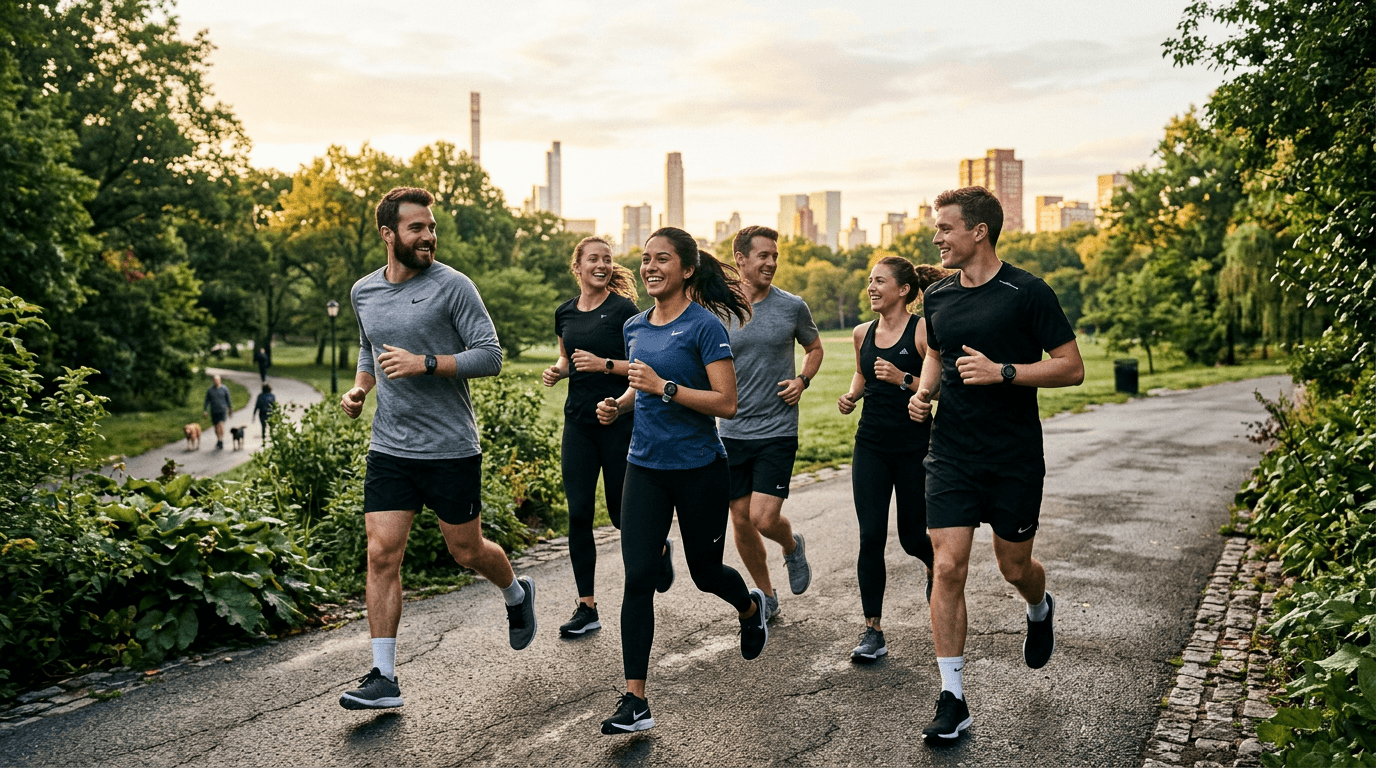 A group of runners in a park discussing Strava Public Offering news