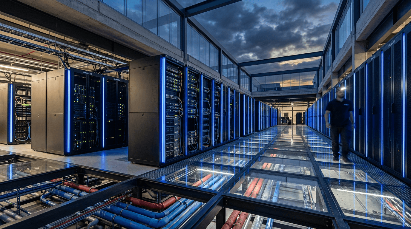A futuristic data center representing Nscale's $2 billion raise.