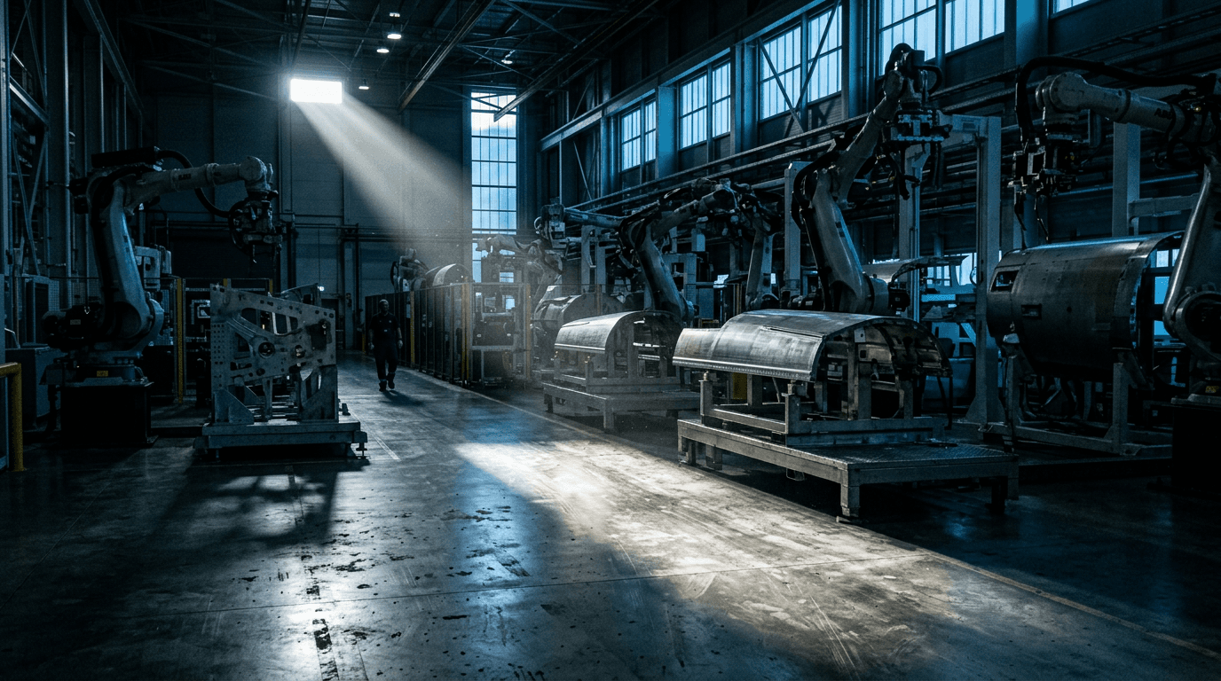 A high-tech industrial environment featuring software-powered factories and robotic manufacturing arms.