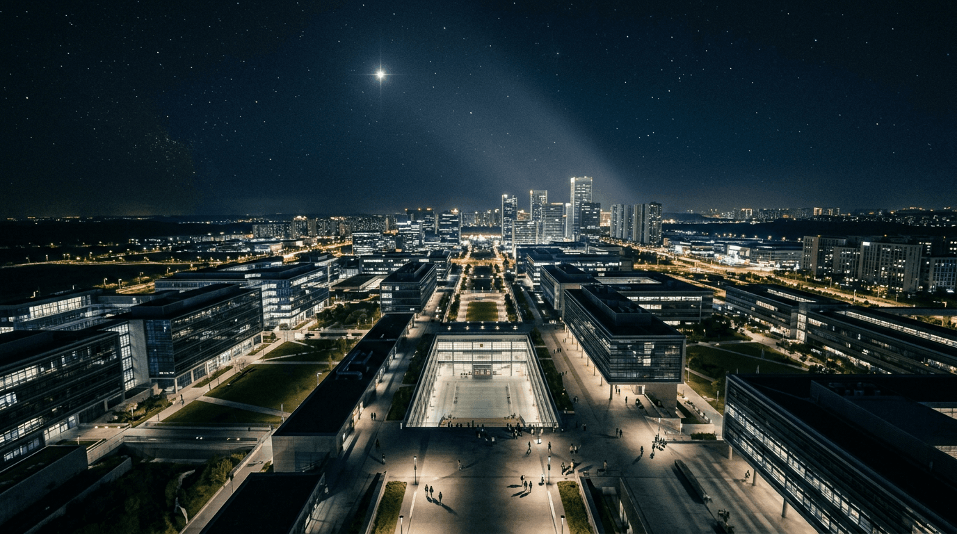 Elon Musk's companies' logos illuminated against a futuristic cityscape, symbolizing his Musk trillion fortune ambition.