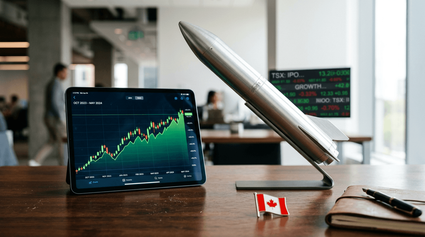 A stylized model rocket taking off from a financial chart, with the MDA Space New York IPO ticker symbol prominently displayed on a digital screen in the background.