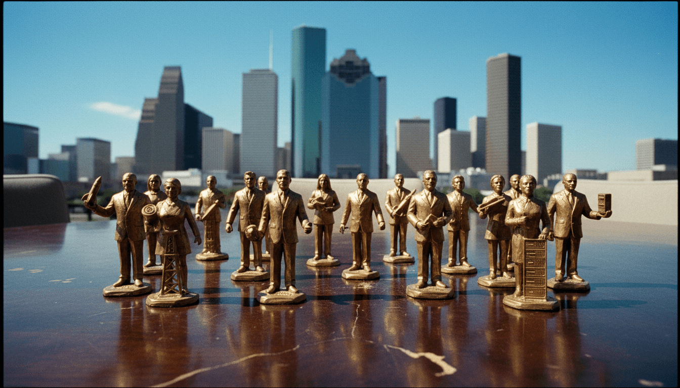 A curated display of nineteen golden statuettes representing the Houston billionaires, each subtly different, arranged on a polished dark wood table with a blurred cityscape of Houston in the background, symbolizing collective achievement.