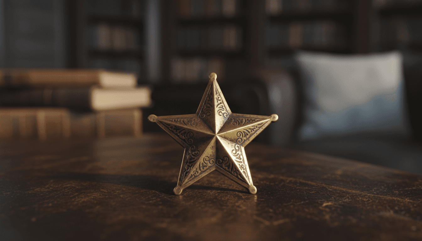 Close-up of a meticulously crafted, vintage Texas star emblem on a rich leather background, symbolizing the top 30 wealthiest Texans and their enduring legacy.
