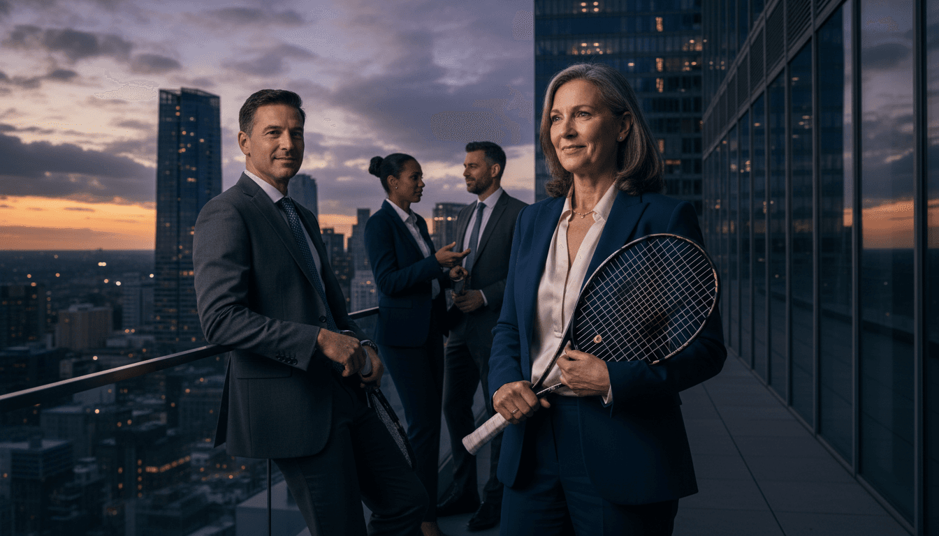 Roger Federer billionaire debut: A triumphant Federer in a suit, holding a tennis racket, in front of a subtly blurred cityscape.