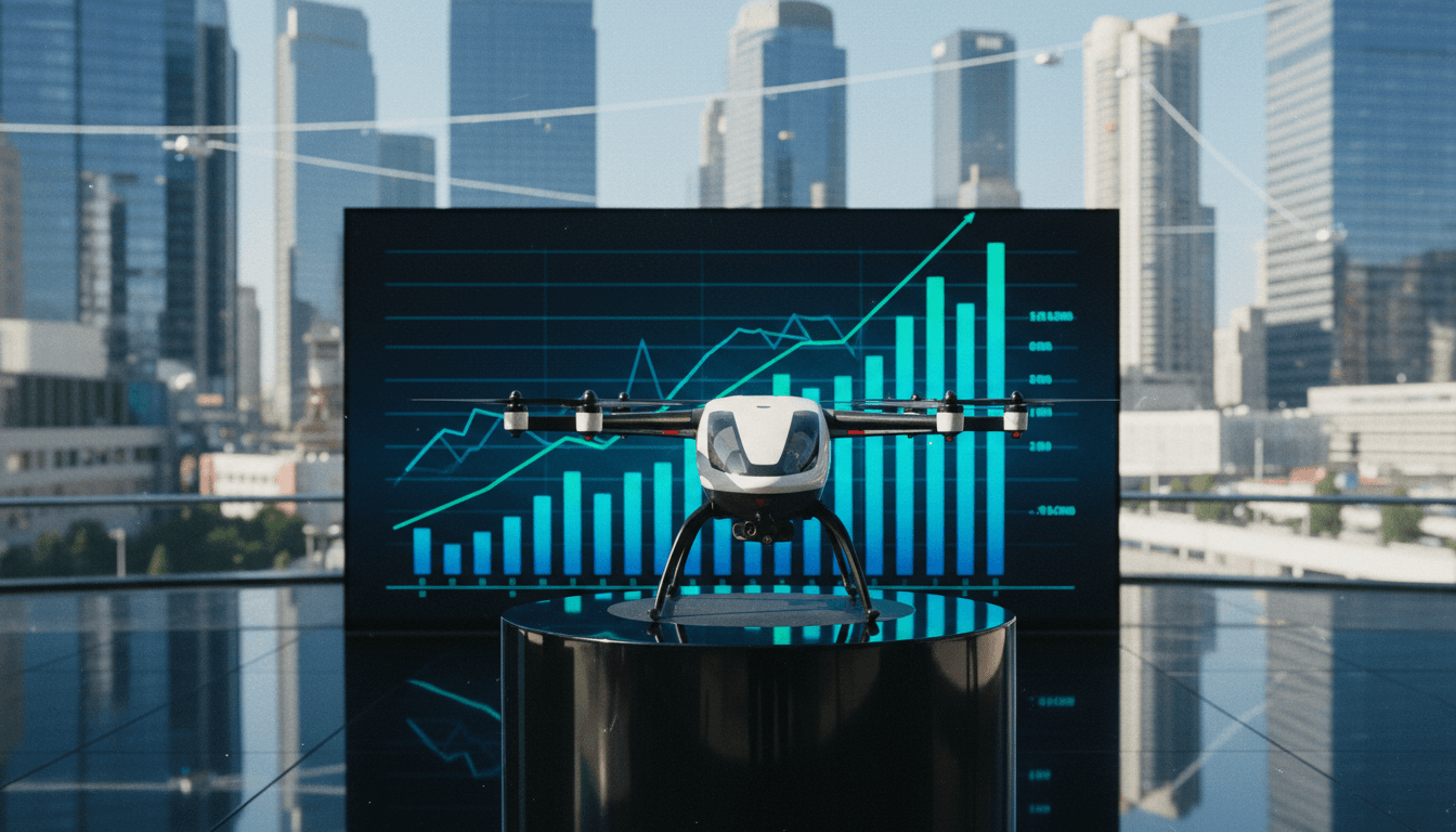 A sleek, multi-rotor EHang autonomous aerial vehicle (AAV) model sits on a polished pedestal, with a digital display behind it showing financial charts indicating EHang revenue growth, against a backdrop of a futuristic city skyline.