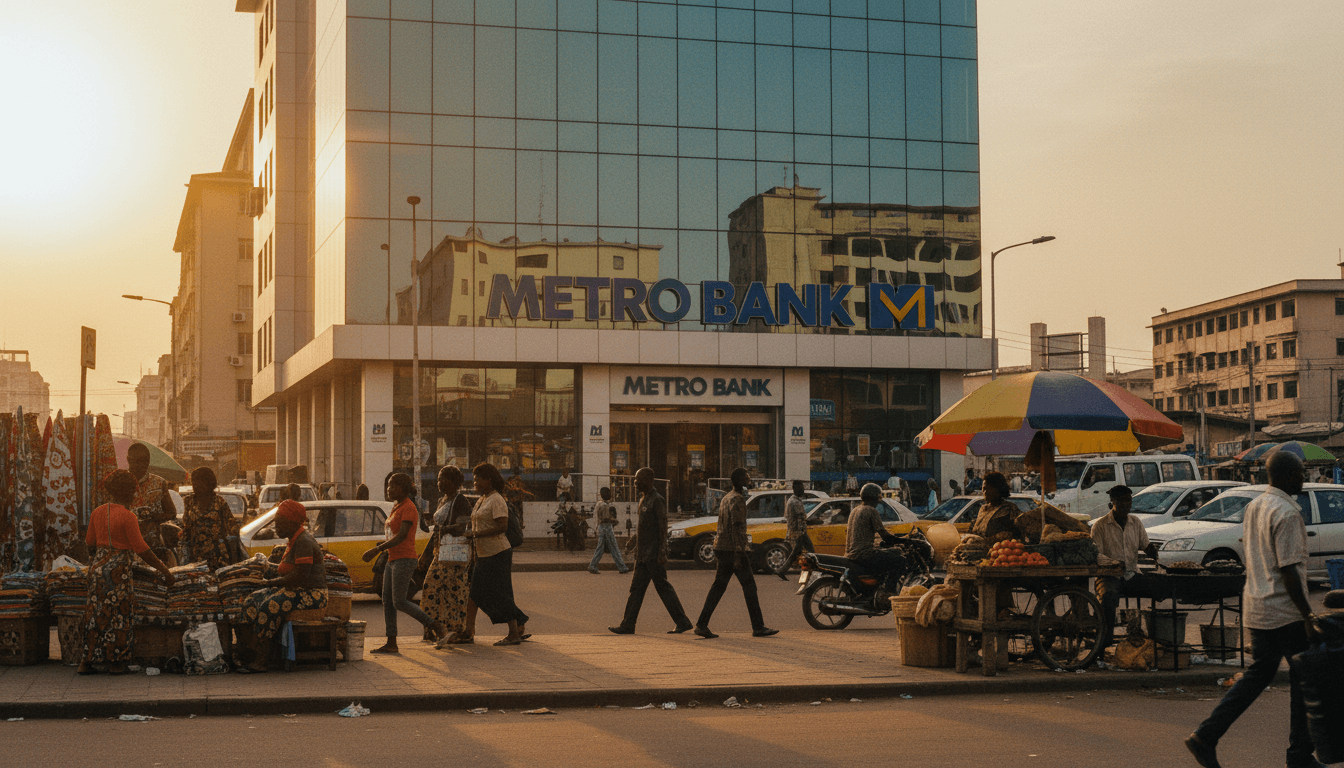 A bustling street scene in Lagos, Nigeria, with a modern Metro Bank branch visible, illustrating its significant Metro Bank profit growth.