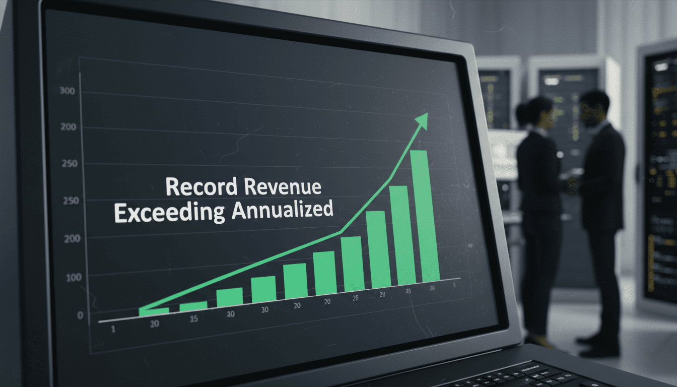 Close-up of a digital display showing a bar graph with 'Record Revenue Exceeding $700 Million Annualized' highlighted on a modern financial dashboard.