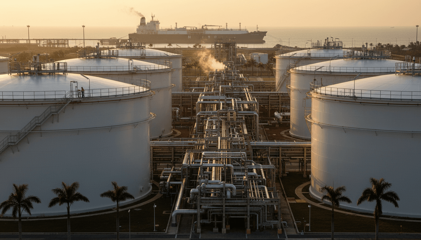 A modern, large-scale Malaysian LNG facility with storage tanks and processing units under a clear sky, symbolizing energy triumph.