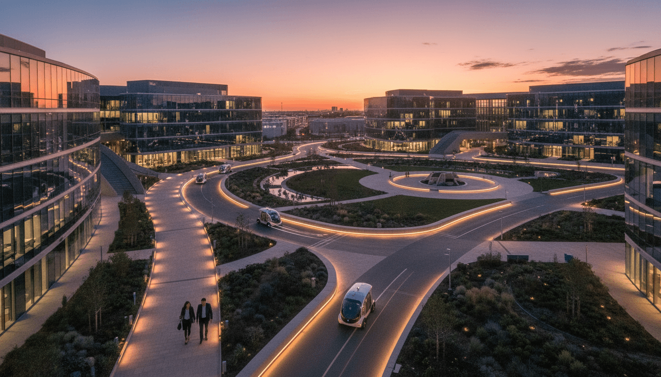 Aerial view of a bustling tech campus at sunset, symbolizing a $44 billion acquisition triumph