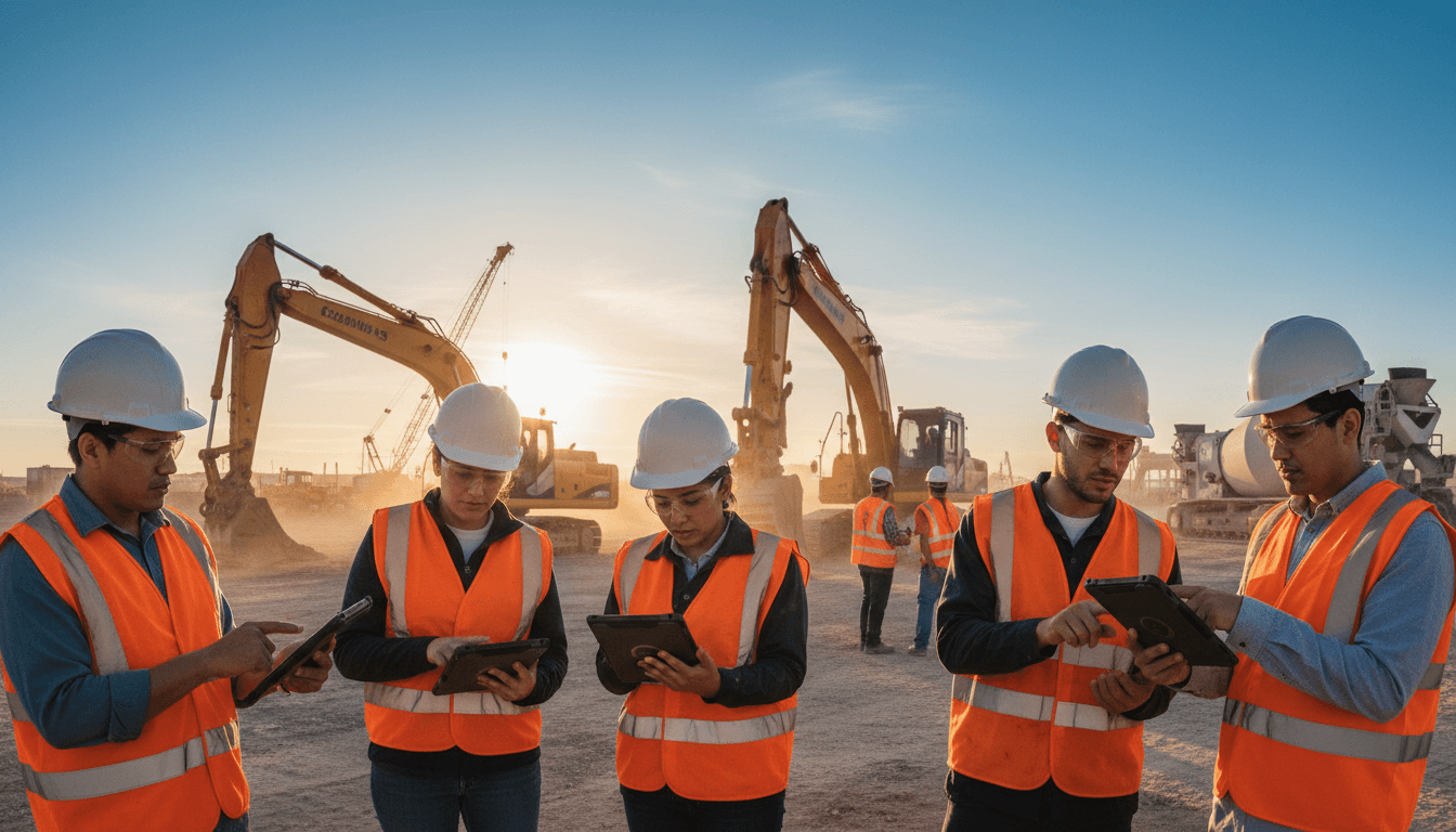 A modern industrial site at dusk, featuring a diverse team of frontline workers using tablets and smart devices connected to the FYLD Frontline Intelligence Platform.