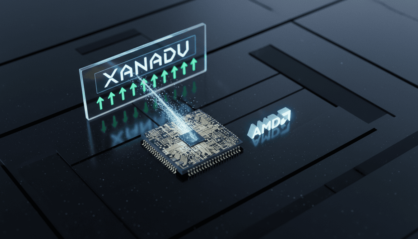 A detailed still life composition featuring a stylized quantum processor chip, a miniature AMD logo, a stock market ticker with 'XANADU' prominently displayed, and a glowing light beam representing photonic quantum computing, all arranged on a polished, dark surface.