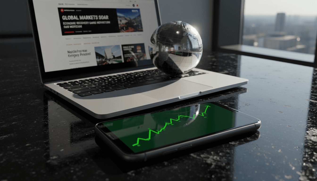 A curated still life featuring a high-end smartphone displaying a stock chart with an upward trend, next to a sleek, modern laptop open to a financial news website, and a small, polished globe, all reflecting the concept of market resilience.