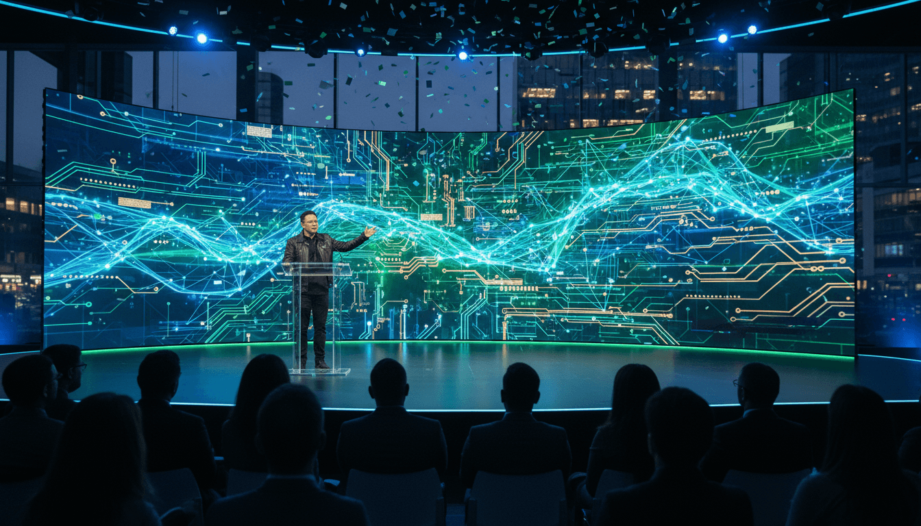 Jensen Huang on stage delivering the Nvidia GTC 2026 keynote, with a large screen displaying AI-related graphics.