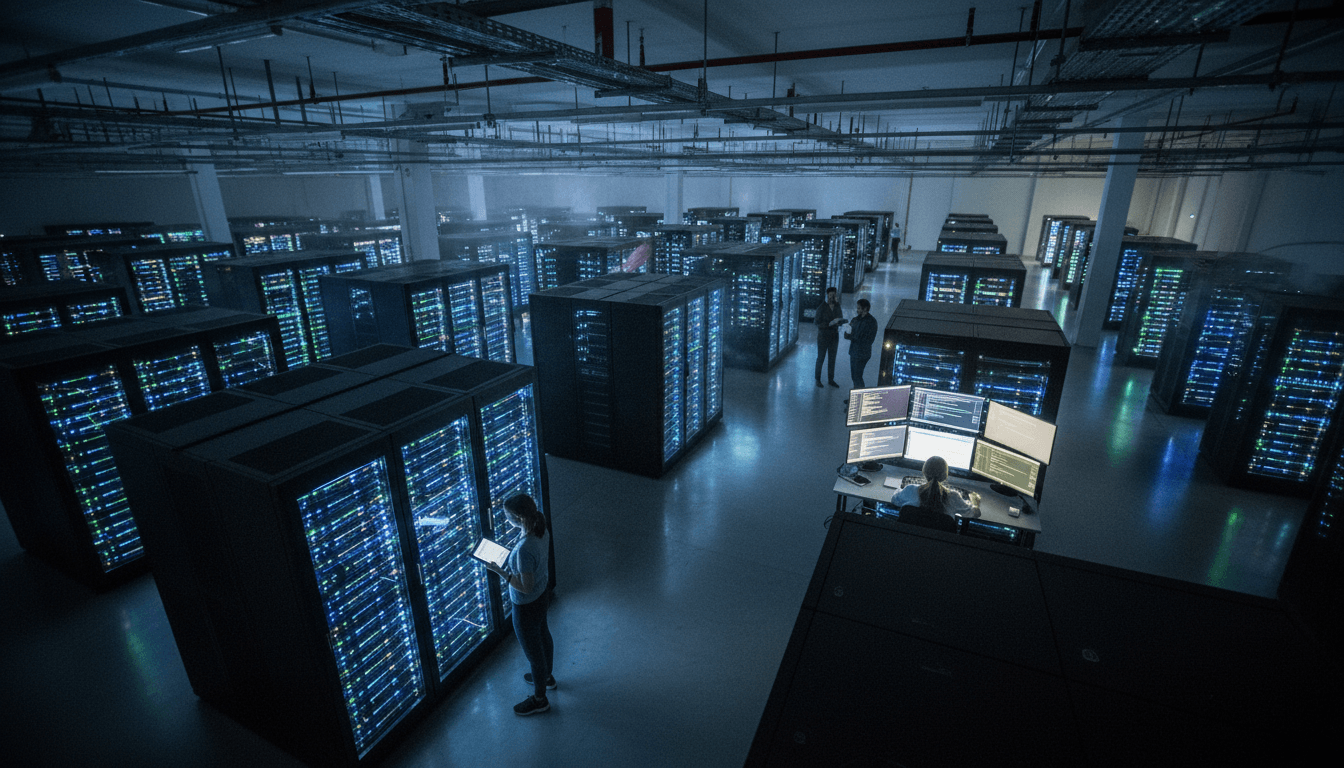 An aerial view of a vast, complex data center with multiple server racks and glowing indicator lights, representing the infrastructure protected by critical Chrome zero-day fixes.