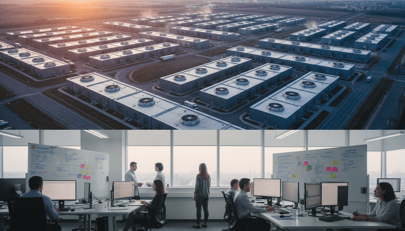Aerial view of a sprawling Meta data center campus with multiple server buildings and cooling infrastructure, representing the scale of Meta layoffs expected.