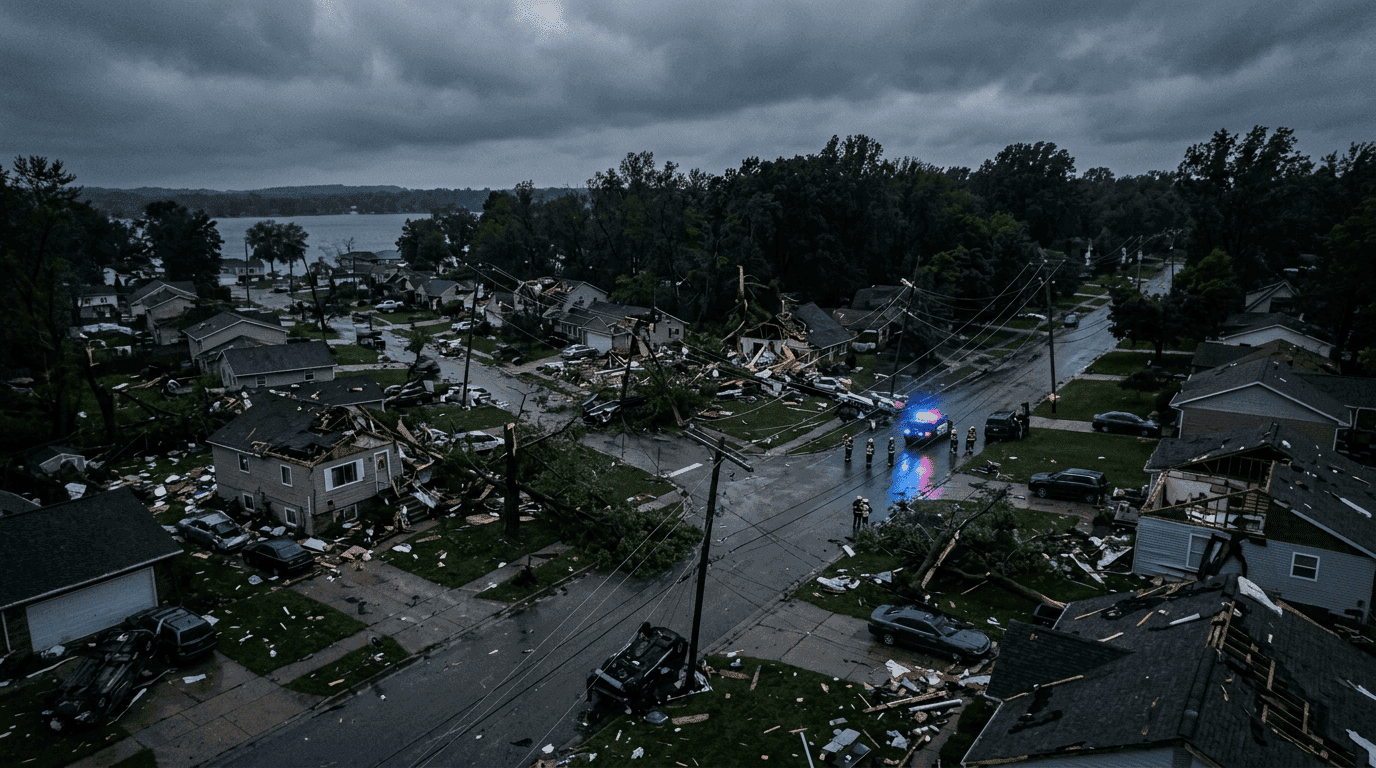 Debris and destruction following a deadly tornado outbreak in Michigan.