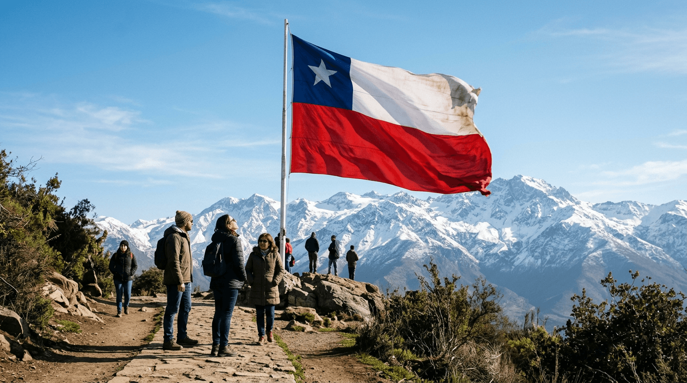 A Chilean flag waving against a backdrop of the Andes mountains, symbolizing Chile's political shift to far right.