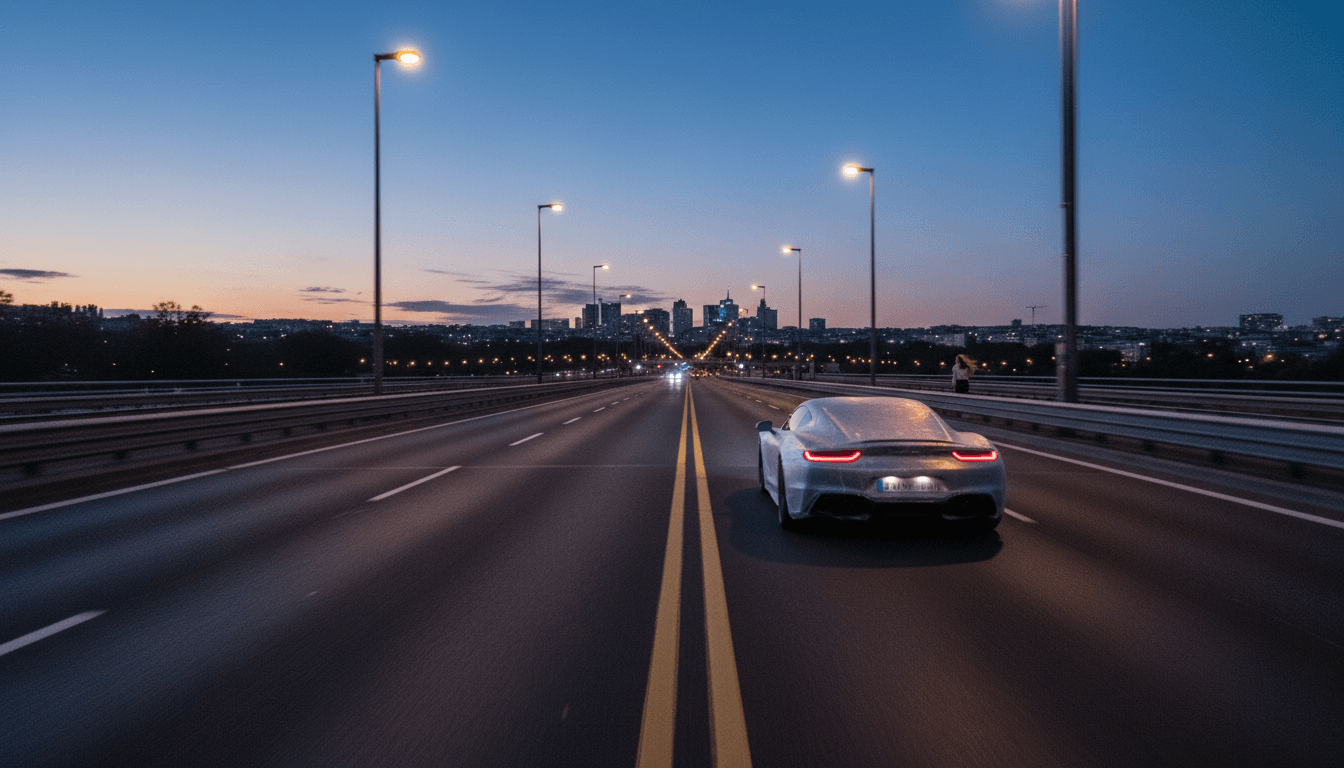 A digital overlay of a transparent car silhouette ghosting over a blurred French road, representing the untraceable nature of the ghost car scandal.