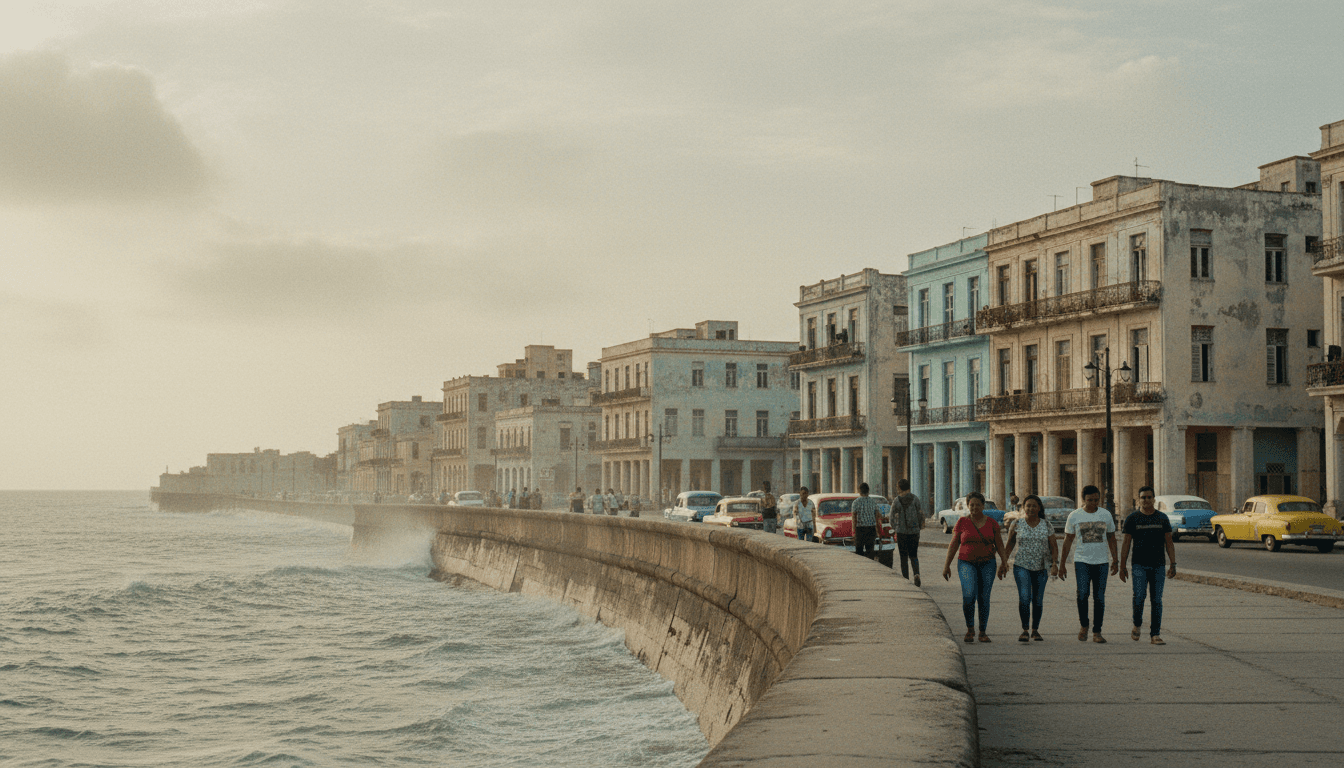 A wide environmental shot of the Malecón in Havana, Cuba, with waves crashing against the seawall, capturing the iconic coastal road and the city's historic architecture, representing the setting of US-Cuba direct talks.
