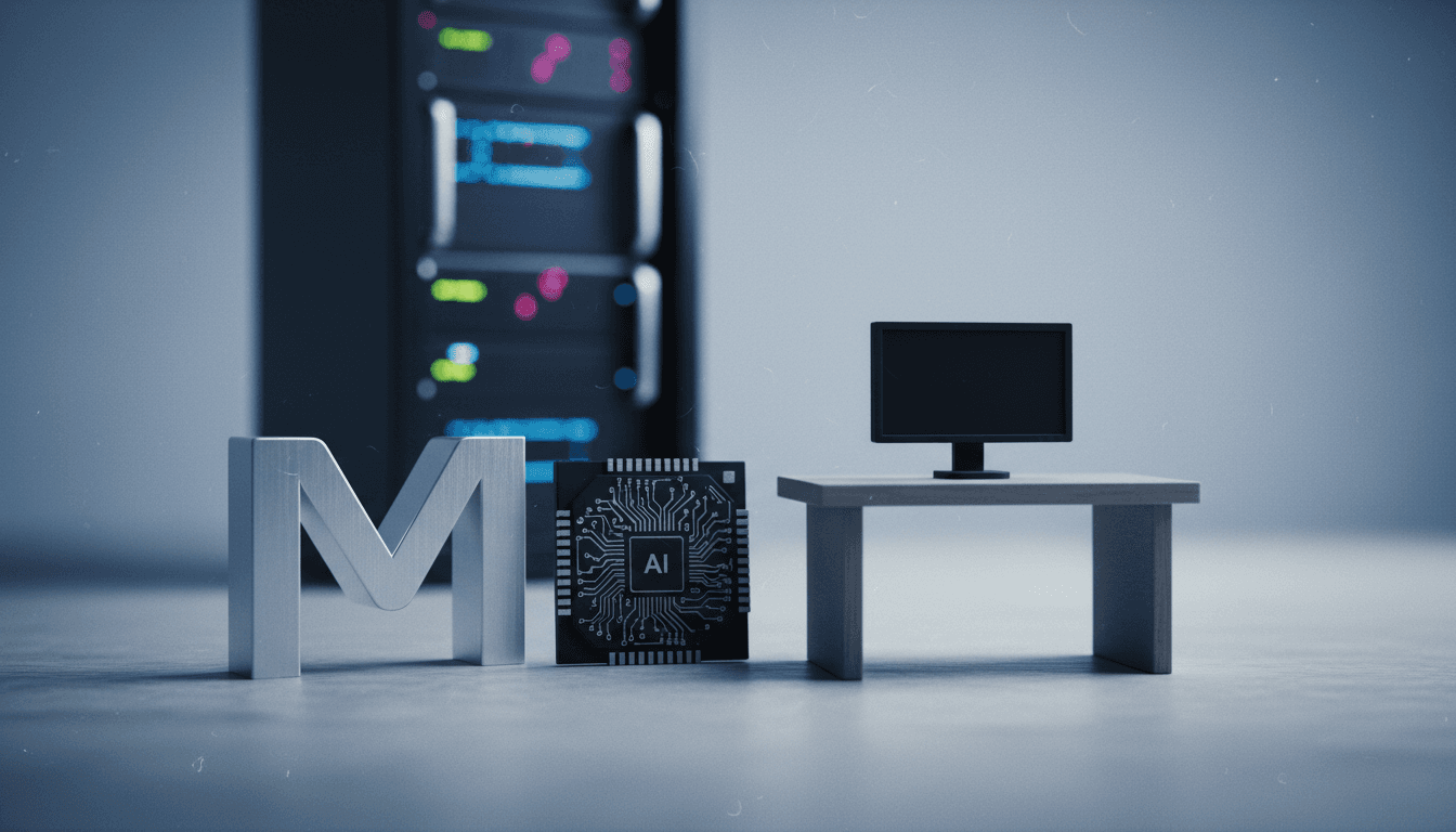 A collection of objects representing Meta's focus: a miniature server rack, a stylized 'M' logo, a simplified AI chip, and a small, empty desk, symbolizing the sweeping layoffs and AI investment.
