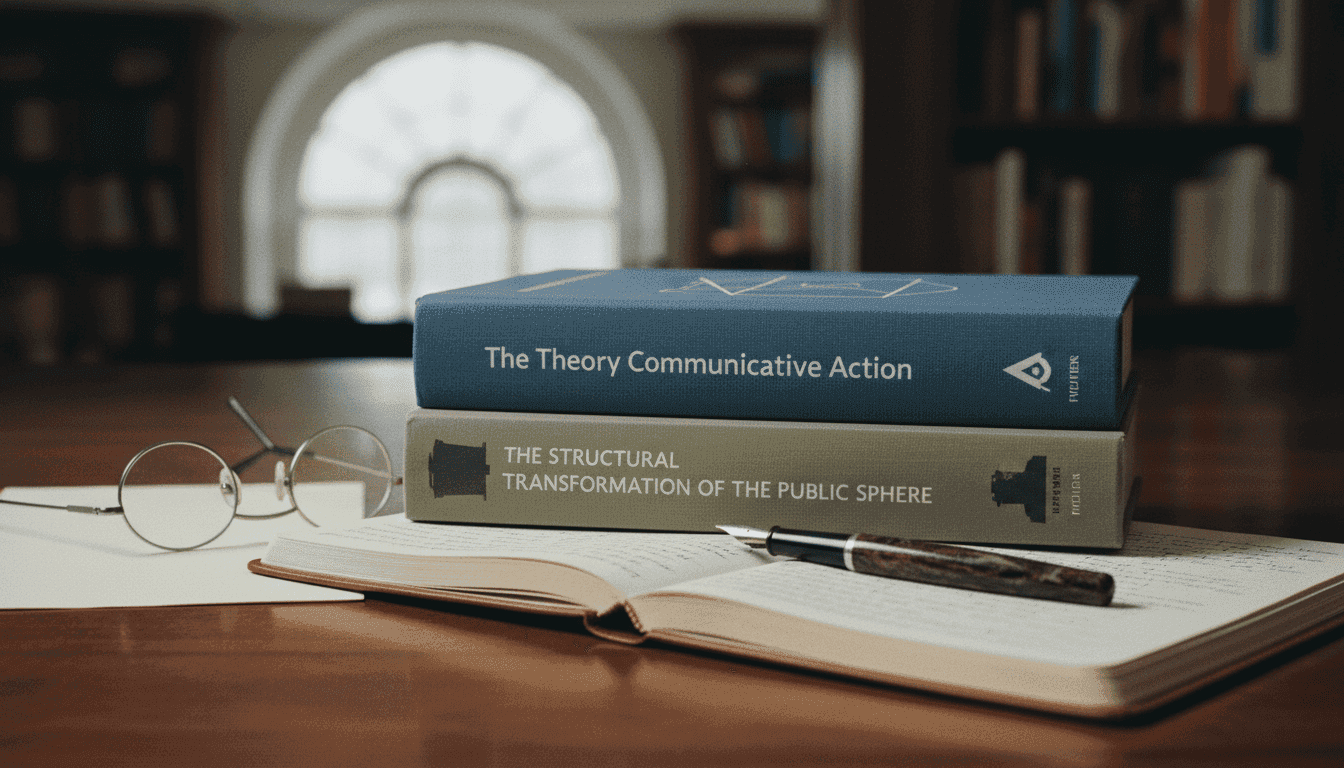 A collection of books by Jürgen Habermas, including 'The Theory of Communicative Action' and 'The Structural Transformation of the Public Sphere,' arranged on a polished wooden desk with a vintage fountain pen and a pair of reading glasses. The scene suggests intellectual work and the lasting legacy of Jürgen Habermas dies.