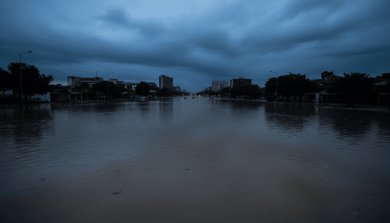 A submerged street in Nairobi during the Kenya flooding disaster with murky water covering roads and partially submerging vehicles.