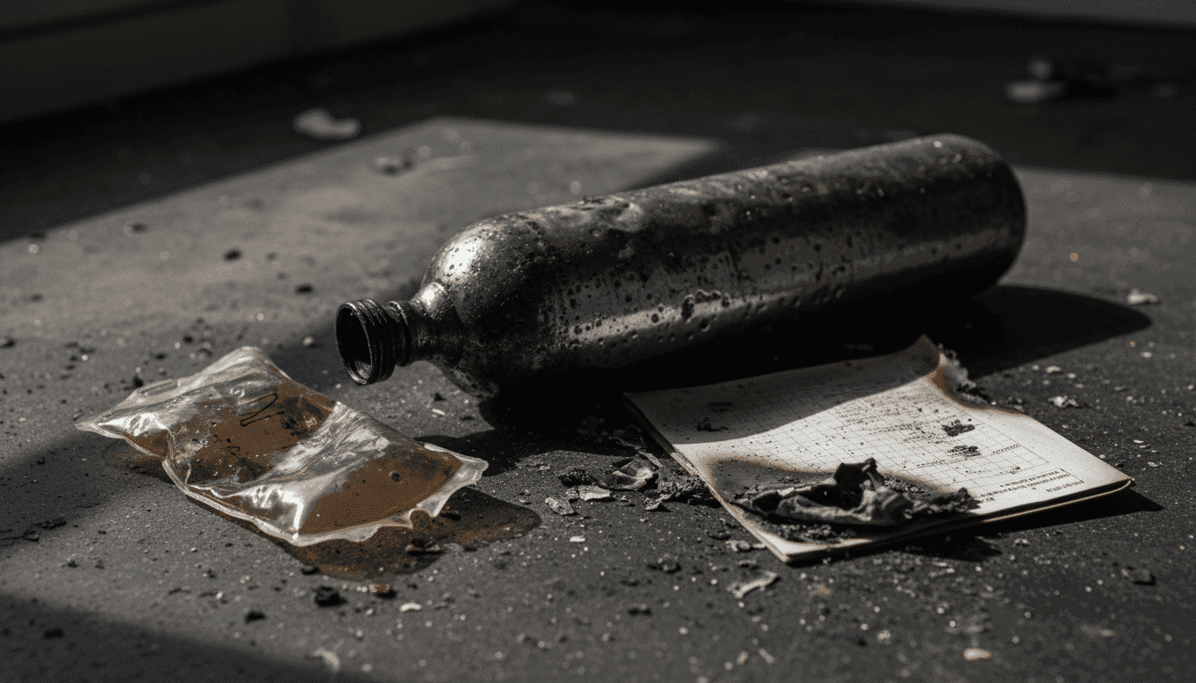 A charred oxygen cylinder and medical equipment amidst debris from an India hospital fire