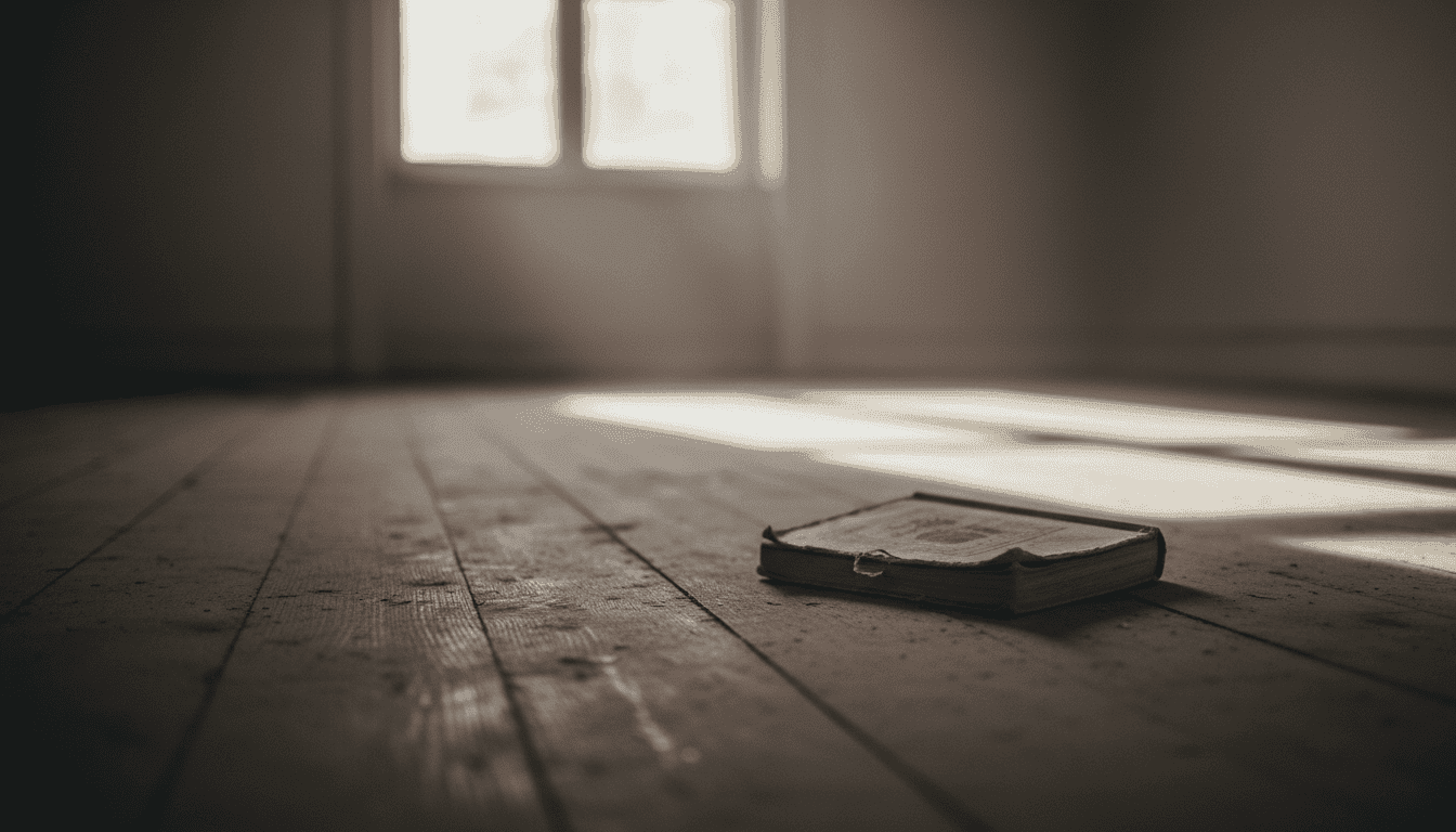 A solitary, weathered children's book titled 'Are You with Me?' lying on a dusty wooden floor, hinting at the tragic bereavement author murder conviction.