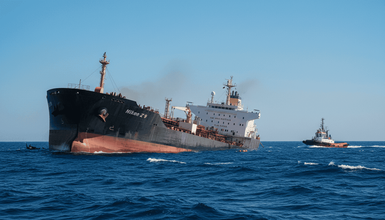A severely damaged Russian tanker with a gaping hole, listing in the Mediterranean Sea, highlighting the Russian tanker explosion risk.
