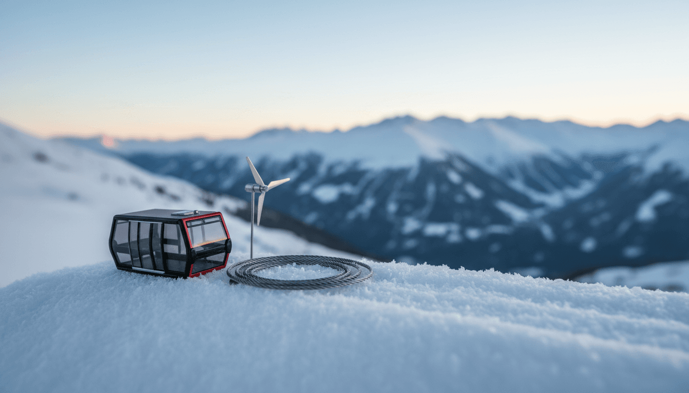 A detached, damaged Swiss ski gondola cabin resting against a snow-covered mountainside, with its cable visible in the background, post-crash.