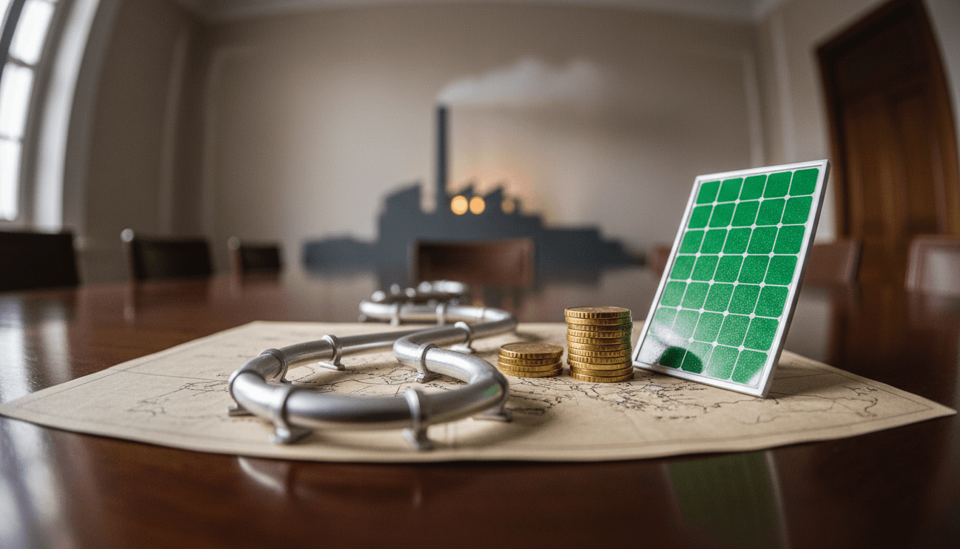 A detailed still life composition representing EU leaders seek energy price fixes, featuring a miniature gas pipeline model, a solar panel miniature, and a small stack of euro coins on a blueprint of the European map.