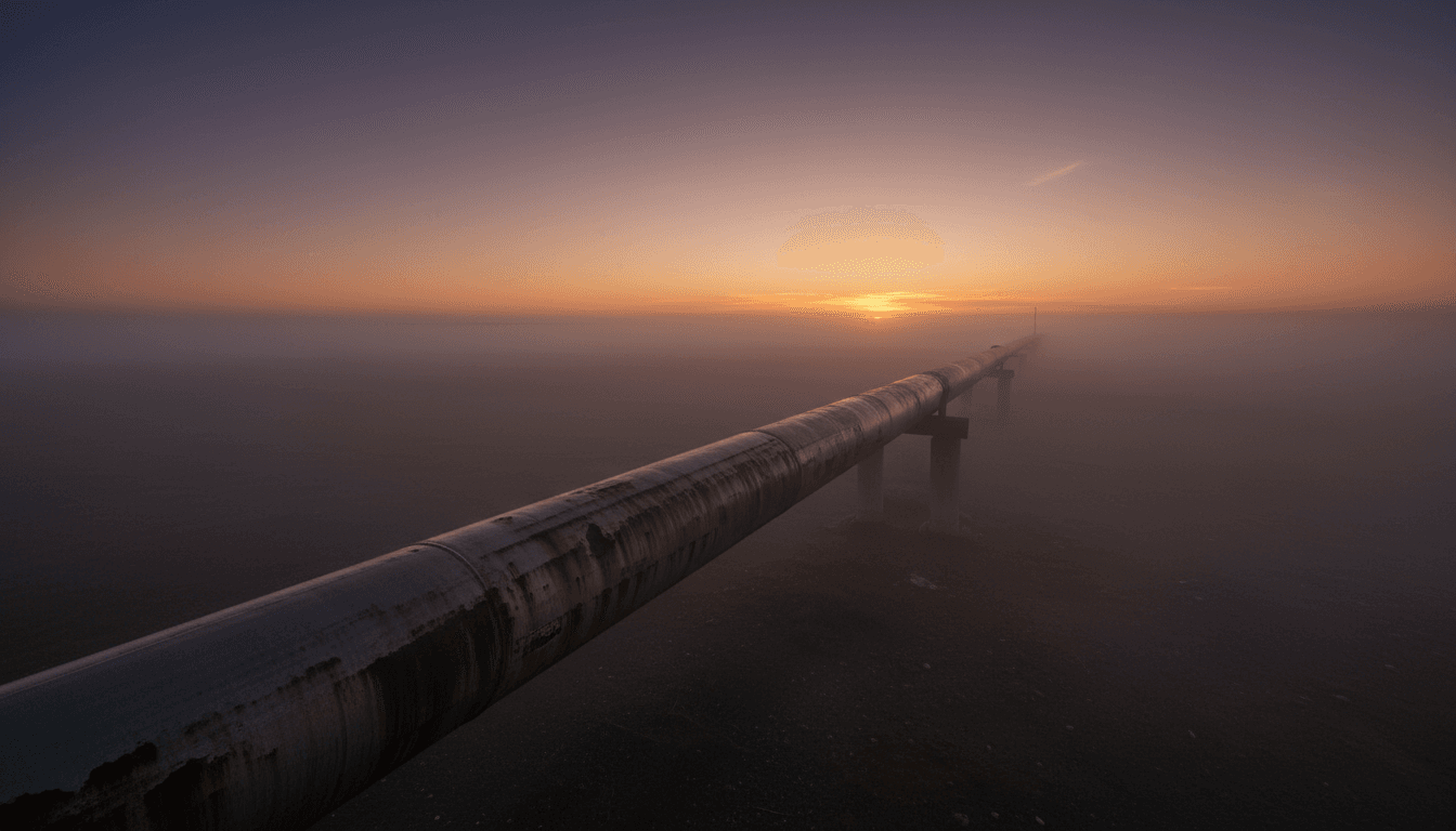 An atmospheric, dimly lit scene of an oil pipeline at dusk, hinting at the Orban Ukraine loan leverage dispute.