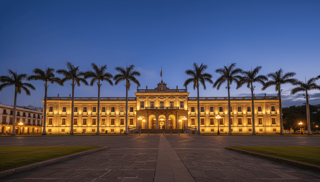 A wide environmental shot of the Colombian presidential palace, Casa de Nariño, at dusk, with the DEA names Colombian president priority target headline implicitly represented by the serious atmosphere.