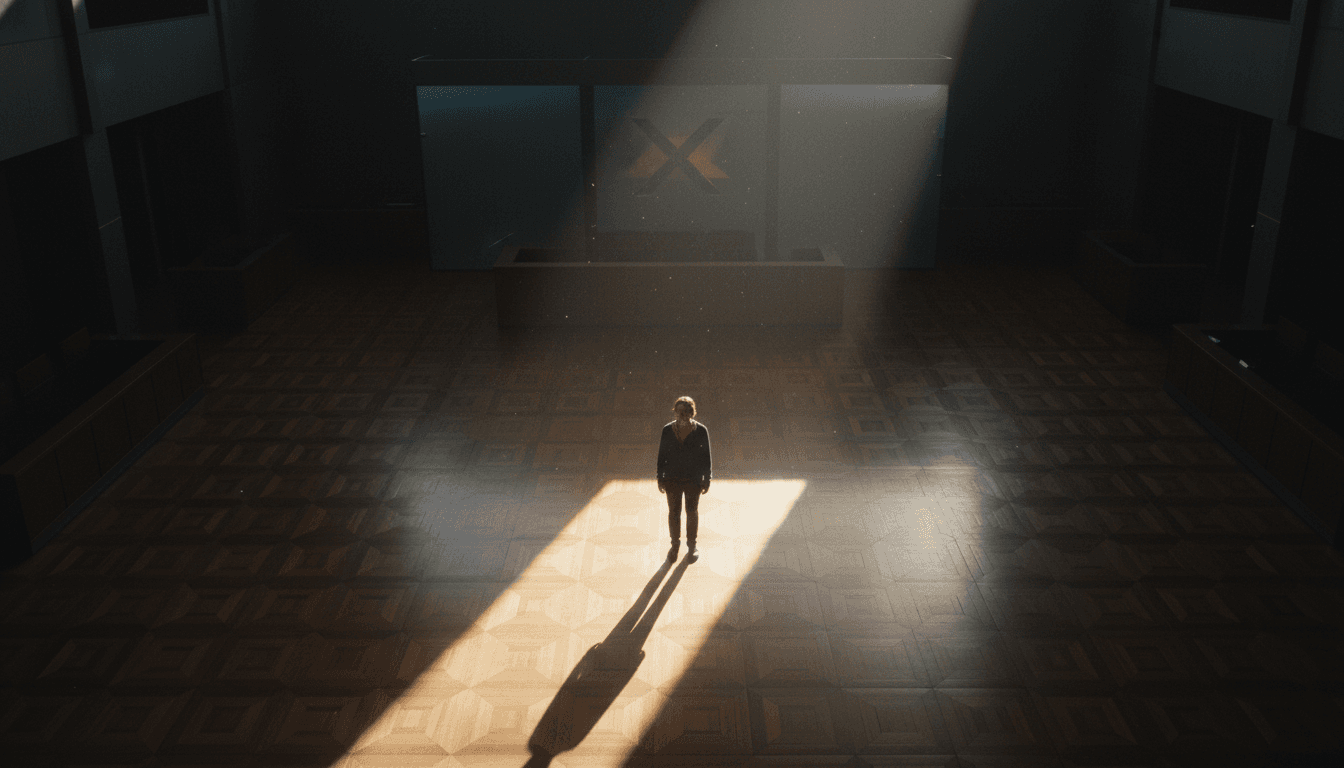 A silhouette of Elon Musk standing before a large, stylized 'X' logo, symbolizing the aftermath of the verdict where Elon Musk liable misleading Twitter shareholders.