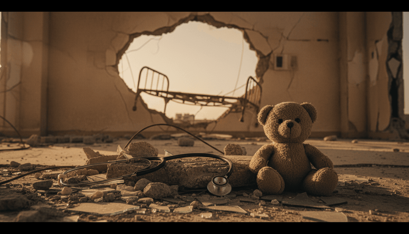 A drone hovering above a severely damaged hospital building, with medical supplies scattered around the foreground, depicting the aftermath of a Sudan hospital drone attack.