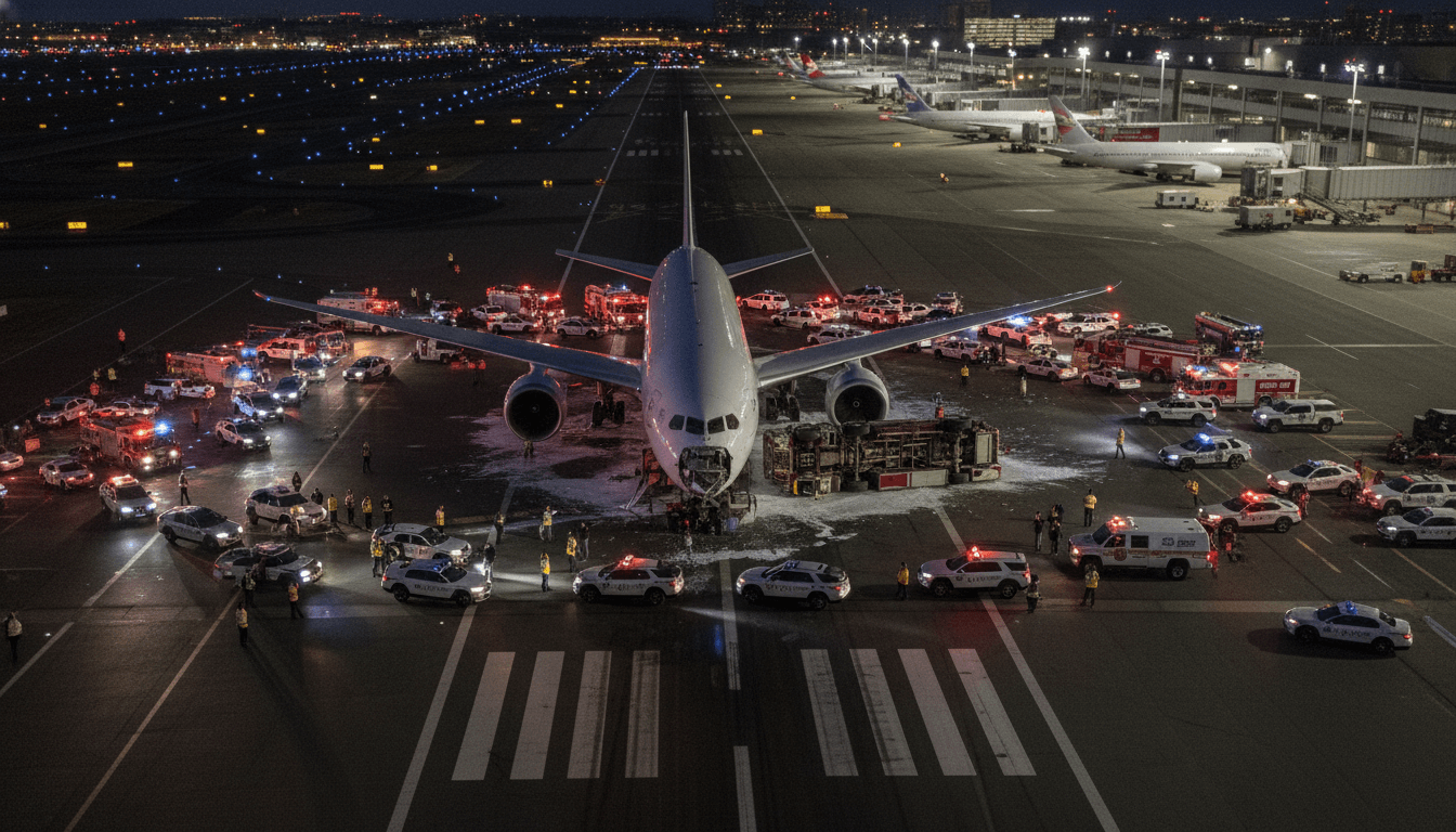 Aerial view of LaGuardia Airport showing a damaged Air Canada Express jet and a tipped fire truck on a runway after a fatal LaGuardia Airport collision kills two pilots.