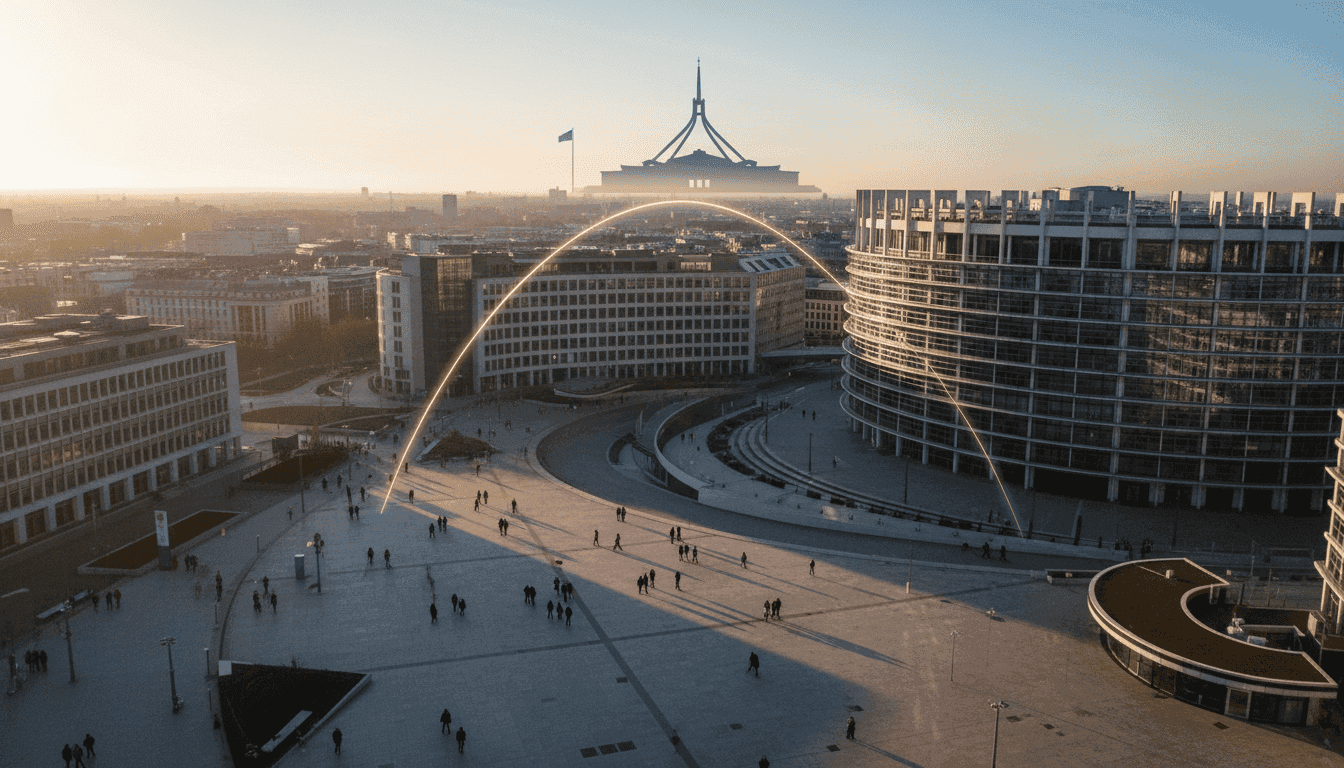 A wide shot of the European Parliament building in Brussels, Belgium, with the Australian Parliament House in Canberra, Australia, in the background, symbolizing the Australia-EU trade deal.