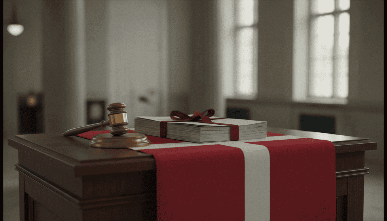 A Danish flag draped over a parliamentary podium, with a gavel and a stack of policy documents representing the Danish PM faces political uncertainty.