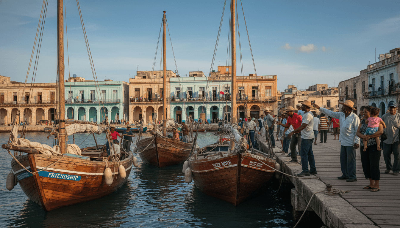 A view of two small sailing vessels, the Cuba aid ships missing, arriving at a bustling port in Havana, Cuba.