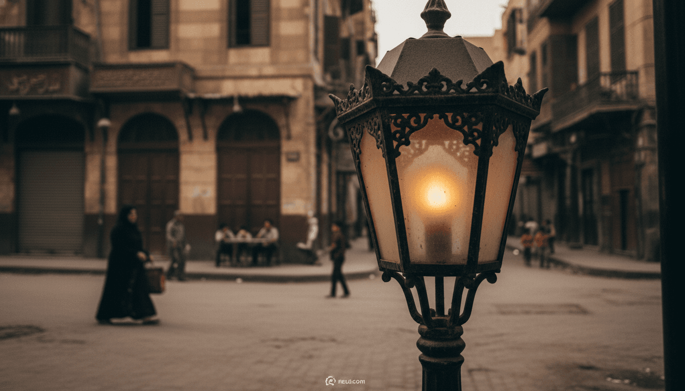 A close-up shot of a traditional street lamp in Cairo, dim and casting limited light on a shop sign that reads 'Open' but is now being turned off due to the Egypt energy crisis.